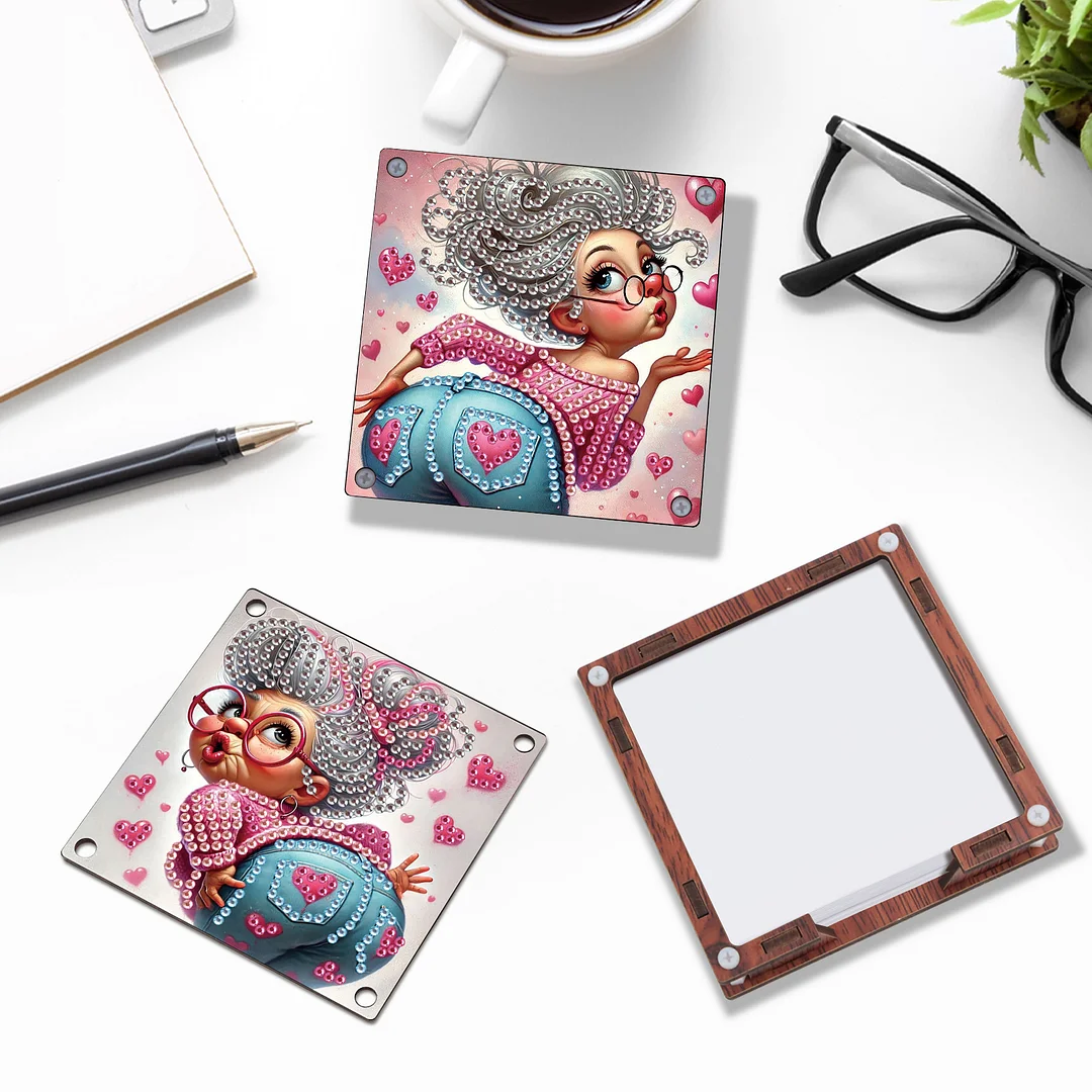 4pcs Wooden DIY Funny Old Lady Diamond Painting Kit Note Box with 480 Papers