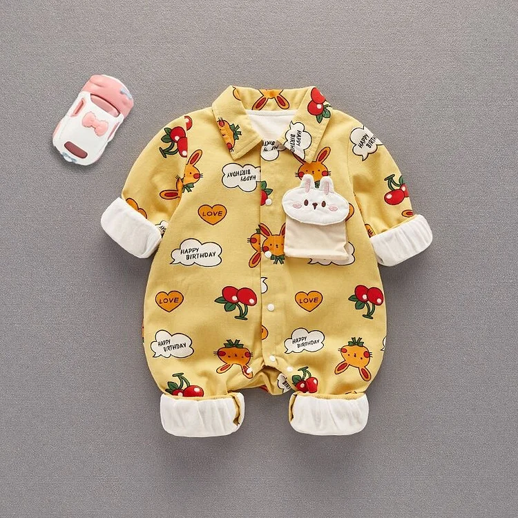 Baby Boy/Girl 3D Rabbit Pocket Design Polo Collar Long Sleeve Romper