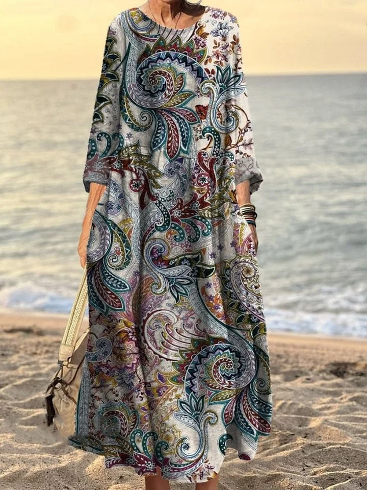 Women's Vintage Floral Art Print Pocket Cotton Dress
