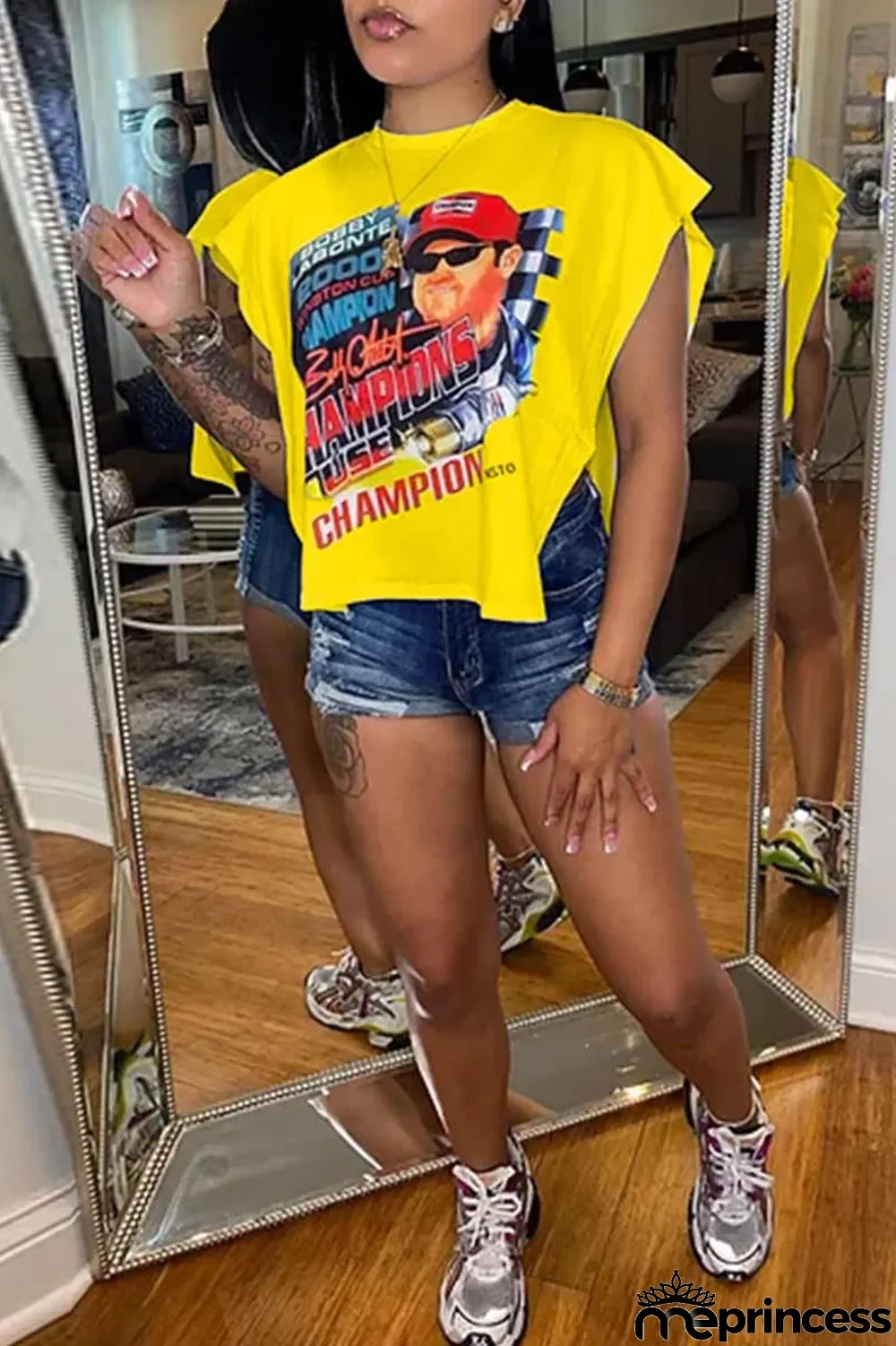 Rose Red Sexy Street Print Patchwork Slit Asymmetrical O Neck T-Shirts