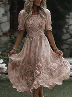 Women's Floral Art Print Flowy Linen Blend Casual Short Sleeve Maxi Dress