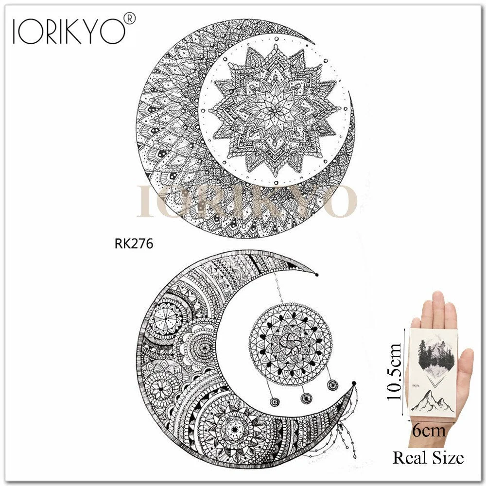 Mandala Henna Flower Fake Tattoo Arm Body Stickers Women Arm Temporary Tattoo Girls Ankle Lace Fake Tatoo Round Black Moon