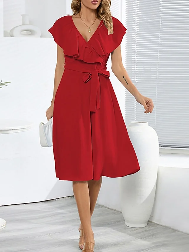Women's Work Dress Semi Formal Dress Fashion Midi Dress Lace up Ruffle V Neck Short Sleeve Plain Regular Fit Black Red Blue Spring Summer S M L XL XXL | IFYHOME