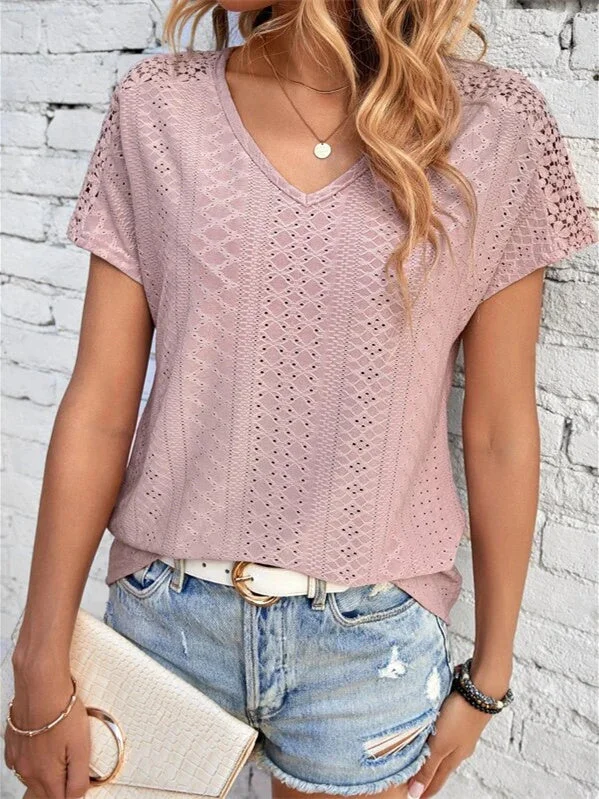 Women's V Neck Short Sleeve Lace Causal Top