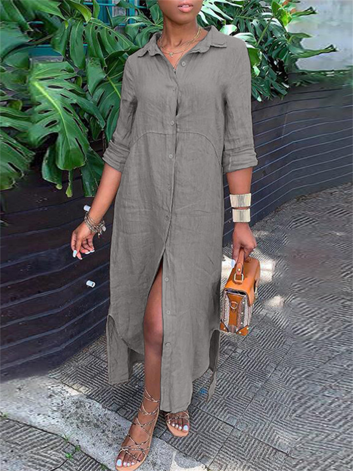Women's Cotton Linen Dress New Shirt Collar Cotton Linen Buttons Long Solid Color Dresses