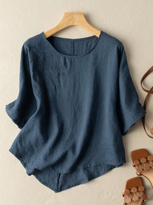 Solid Color Round Neck Short Sleeve Linen Blouses