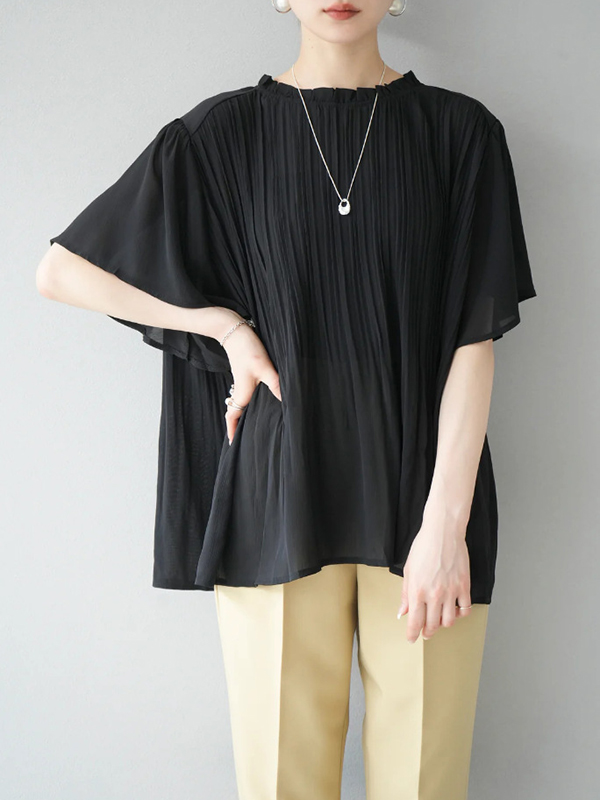 Ruffle Round Neck Short Sleeve Pleated Solid Color Blouses