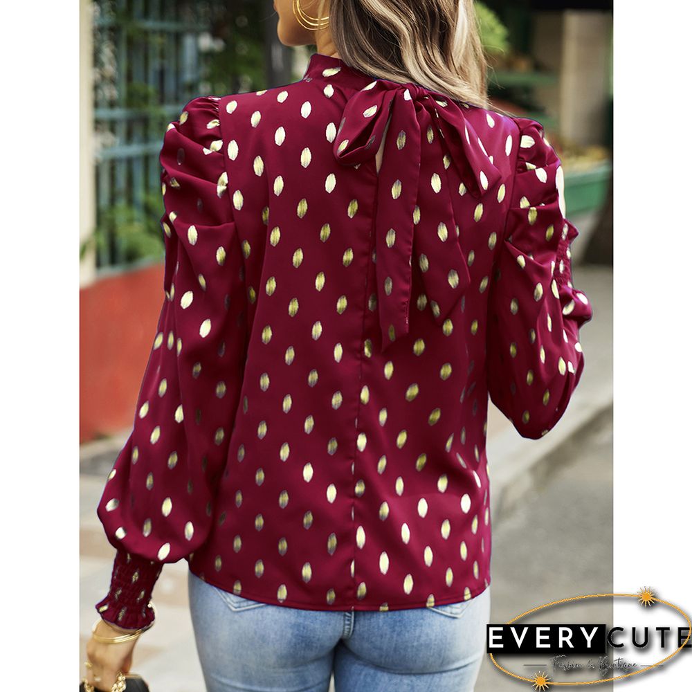 Burgundy Polka Dot Pleated Cuffs Long Sleeve Tops