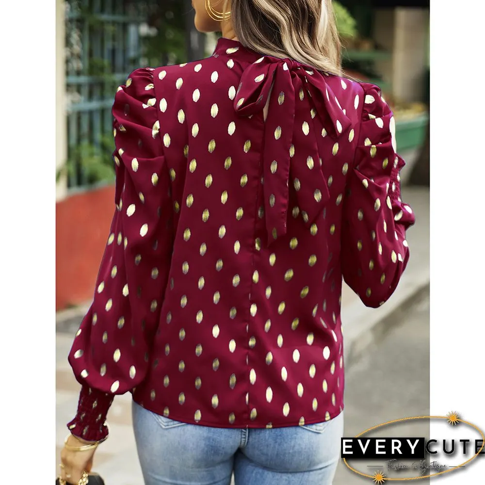 Burgundy Polka Dot Pleated Cuffs Long Sleeve Tops