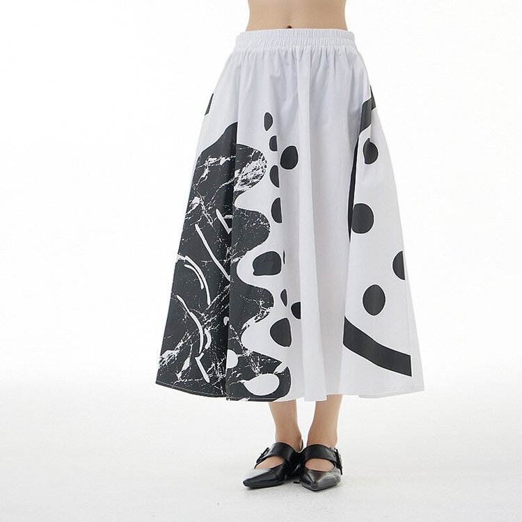 Casual White Irregular Black Printed Elastic Waist Skirt   