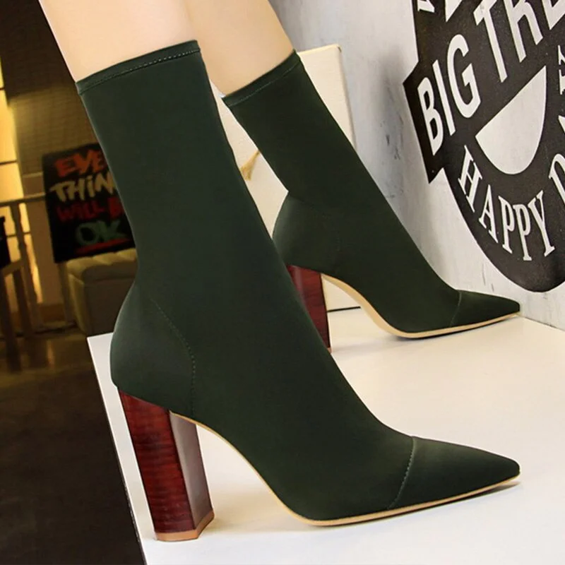 2020 New Women Stretch Sock Boots Chunky Block Heels High Heels Spring Autumn Sexy High-Heeled Boots Pointed Womens Boots