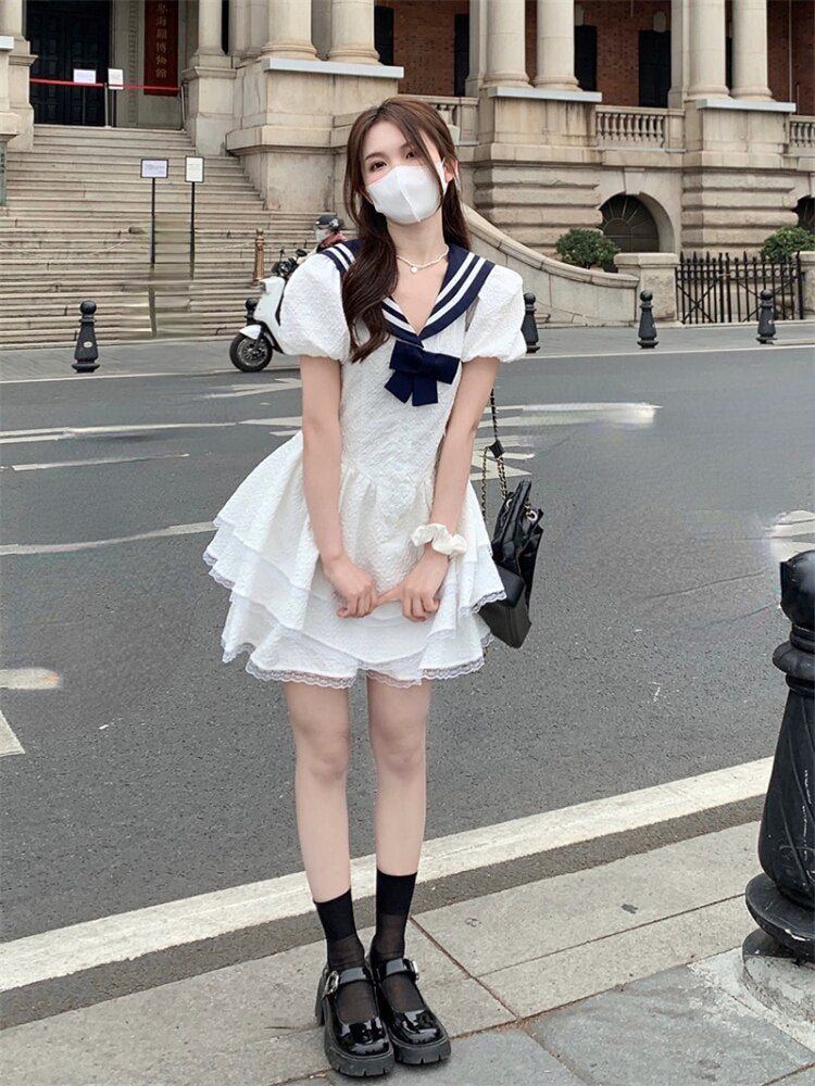 Llyge hoco dresses White Y2k Mini Dress Women Casual Sailor Collar Kawaii Clothing Lolita Evening Short Party Dress Elegant Vintage 2024 Summer llyge