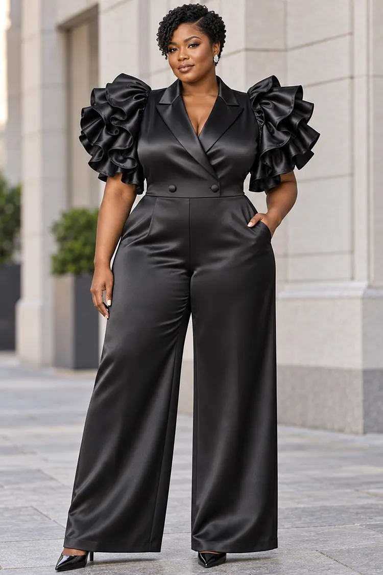 Xpluswear Design Plus Size Formal Black Turndown Collar Flutter Sleeve Short Sleeve Ruffle Pocket Satin Jumpsuits [Pre-Order] 2024 - Xpluswear