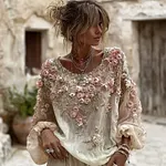 Women's Vintage Rose Embroidery Art Round Neck Long Sleeve Linen Blend T-shirt - Image 2