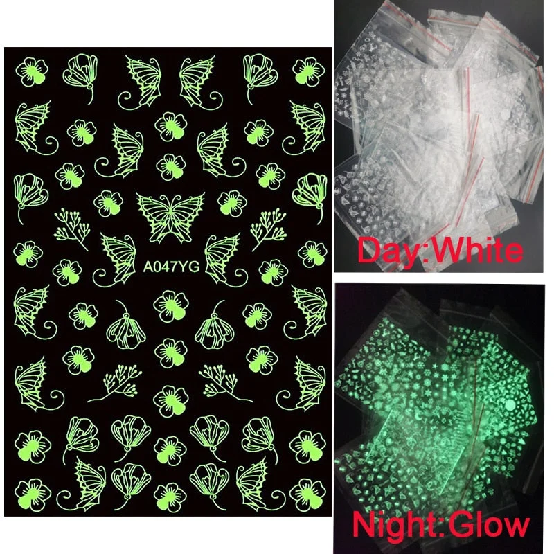 Luminous Fire Nail Art Stickers Glow In Dark Nail Decals Moon Butterfly Transfer Manicure Design Night Light Stickers-Nail Inspo