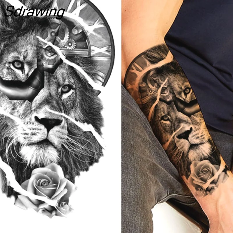 Sdrawing Tiger Temporary Tattoos For Men Women Kids Lion Skull Cross Tattoo Sticker Black Compass Skeleton Tatoos Leg Thigh 328-1