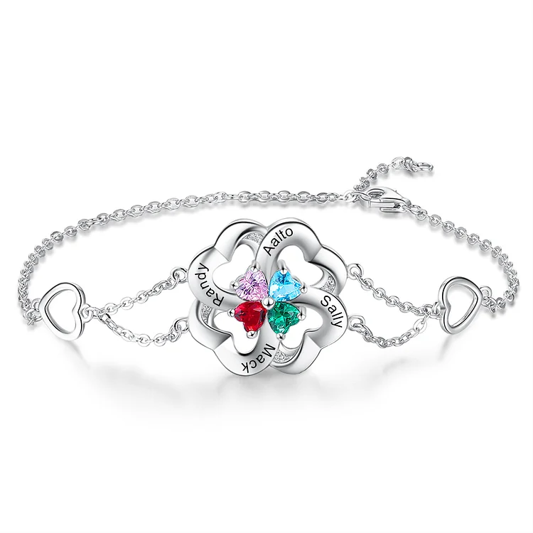 Personalized Flower Bracelet With 4 Heart Birthstones Engraved Names Bracelet Gift For Women