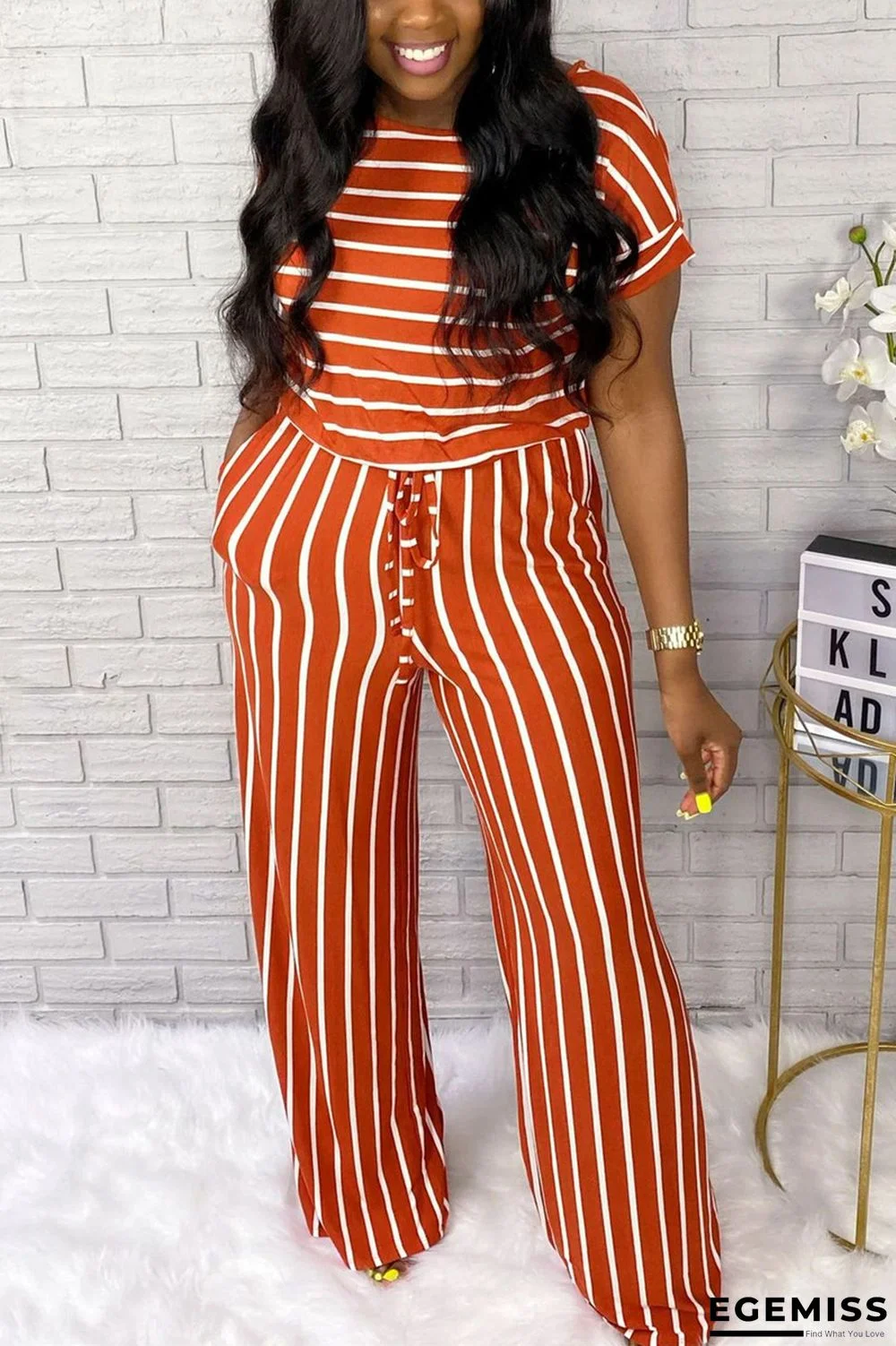 Orange Fashion Casual Striped Printed Jumpsuit | EGEMISS