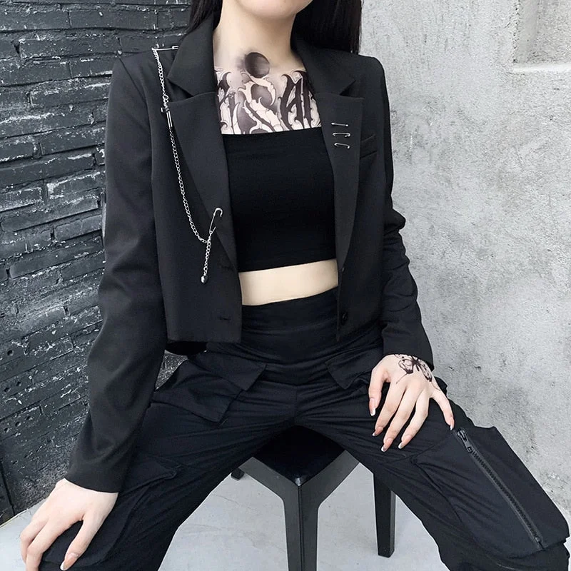 InsGoth Women Punk Gothic Black Blazer Harajuku Streetwear Metal Chain Patchwork Suit Office Ladies Commute Short Coat