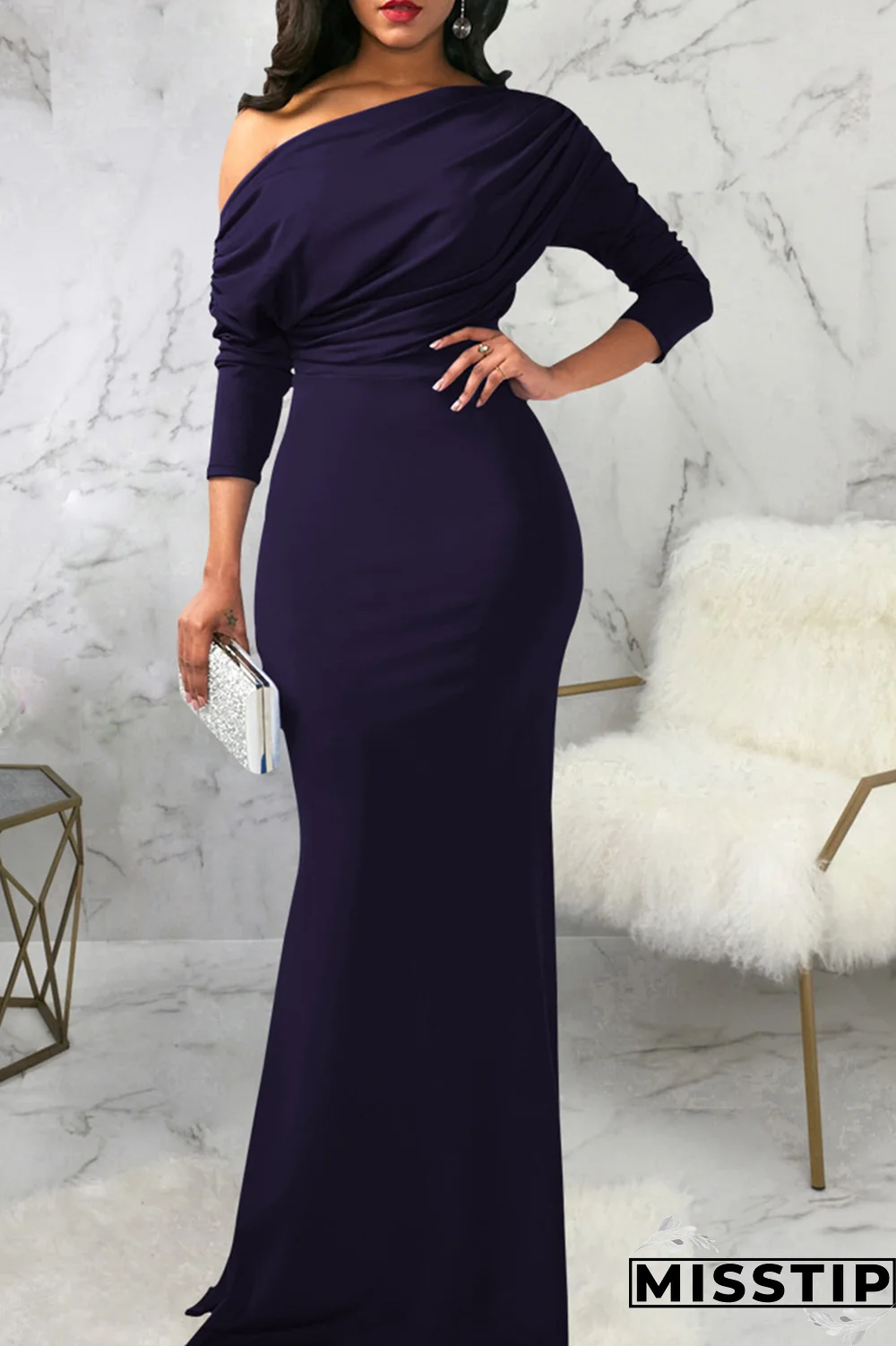 White Street Solid Patchwork One Shoulder Trumpet Mermaid Dresses