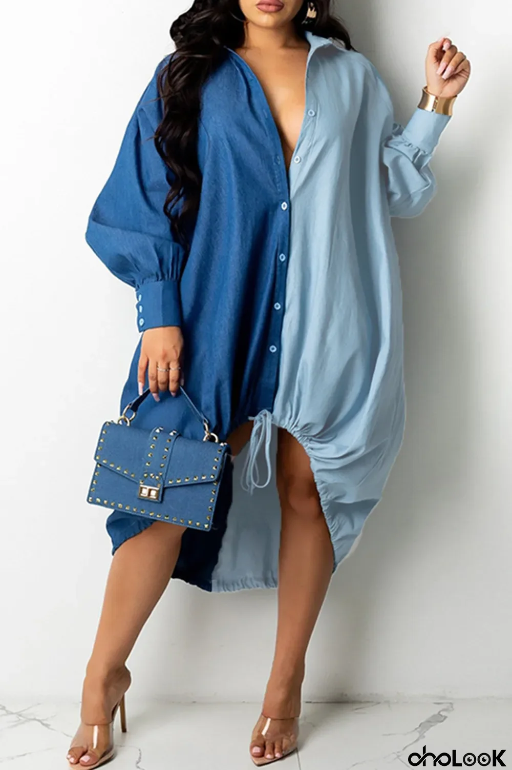 Blue Fashion Casual Plus Size Solid Split Joint Asymmetrical Turndown Collar Shirt Dress