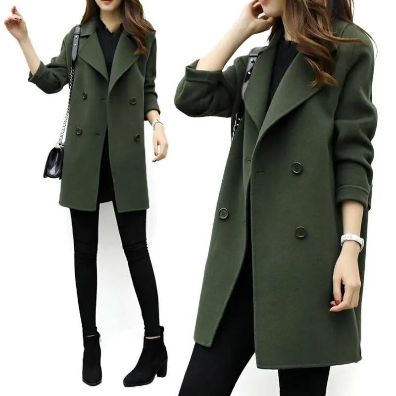 Women Wool Blend Warm Long Coat Plus Size Female Slim Fit Lapel Woolen Overcoat Autumn Winter Cashmere Outerwear
