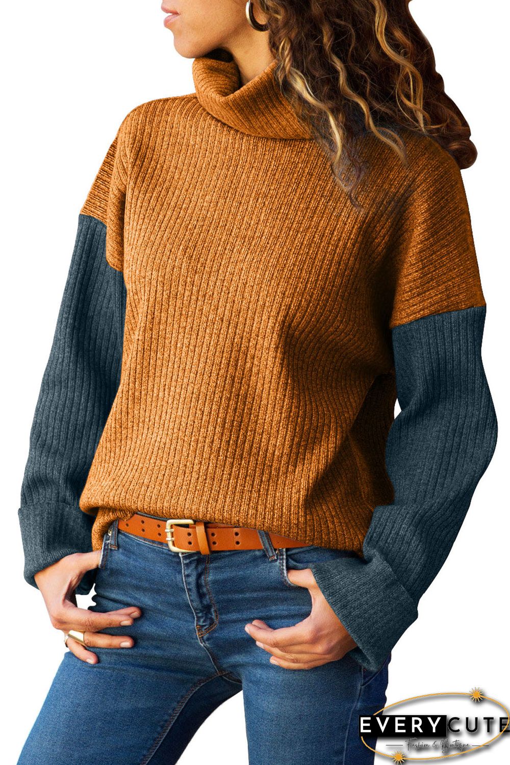 Mustard Blue Color Patchwork Ribbed High Neck Sweater