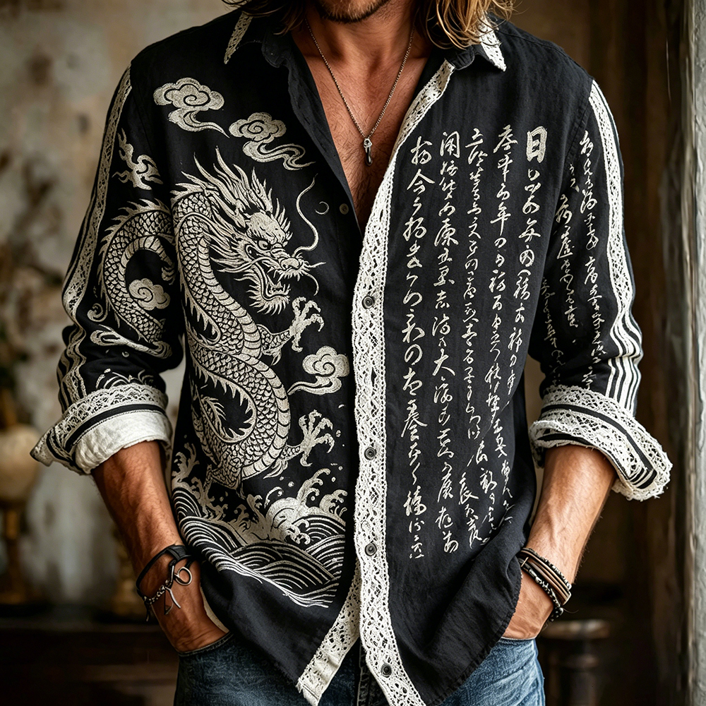 Comstylish Japanese Art Dragon Totem And Calligraphy Embroidered Cotton Linen Vintage Long Sleeve Shirt