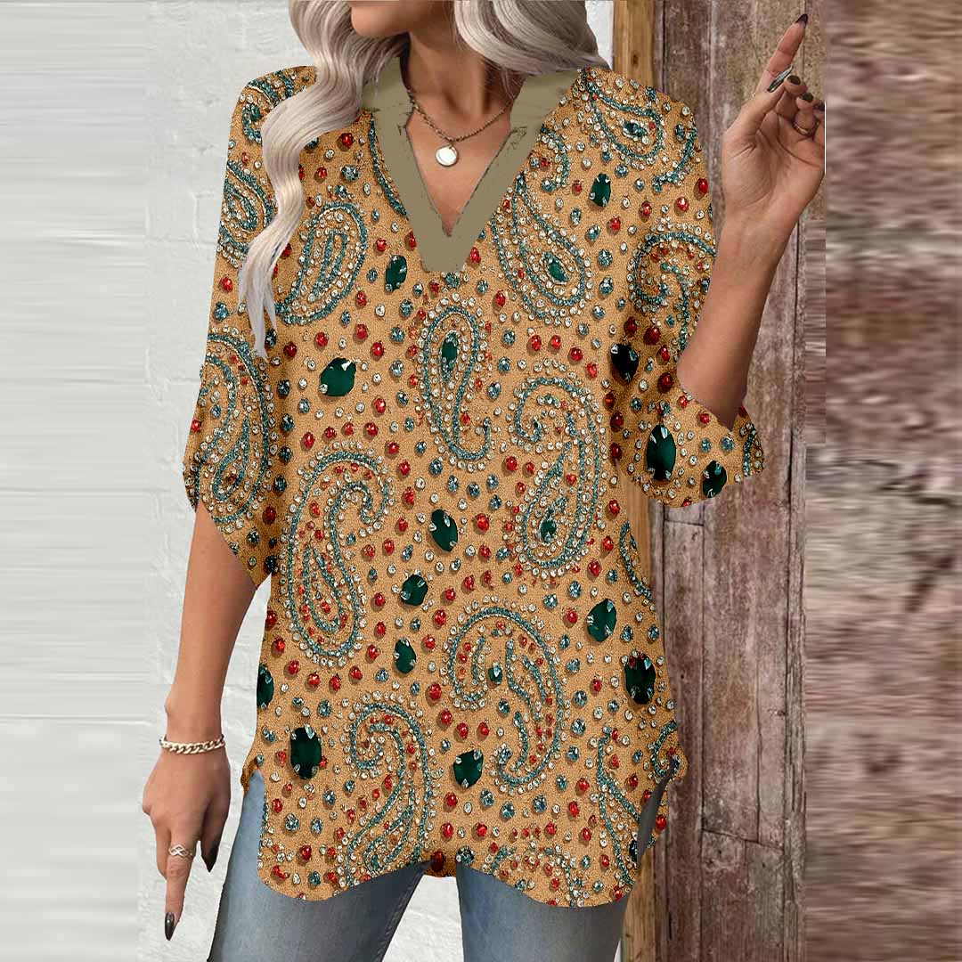 Women Perris, Orange, Black DZGA0390 3/4 Sleeve V-neck Printed Graphic Button Tops
