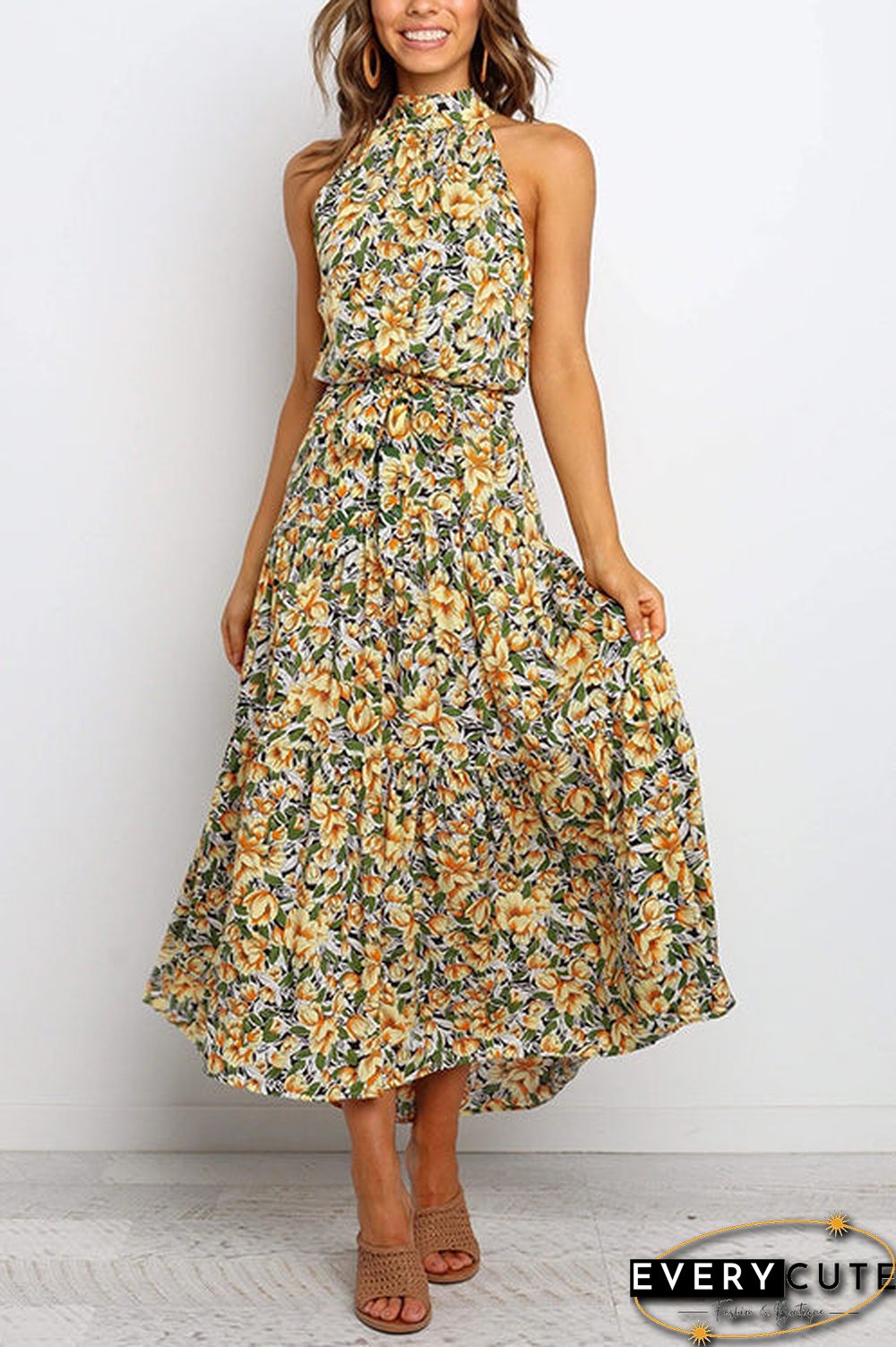 Print Belted Sleevelss Maxi Dress