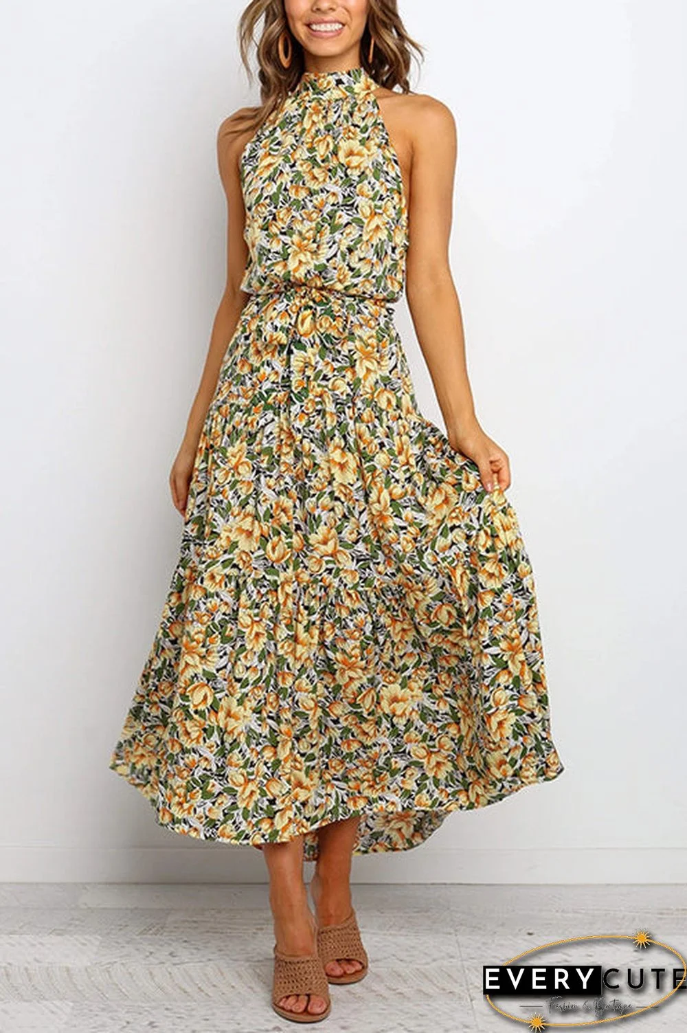 Print Belted Sleevelss Maxi Dress