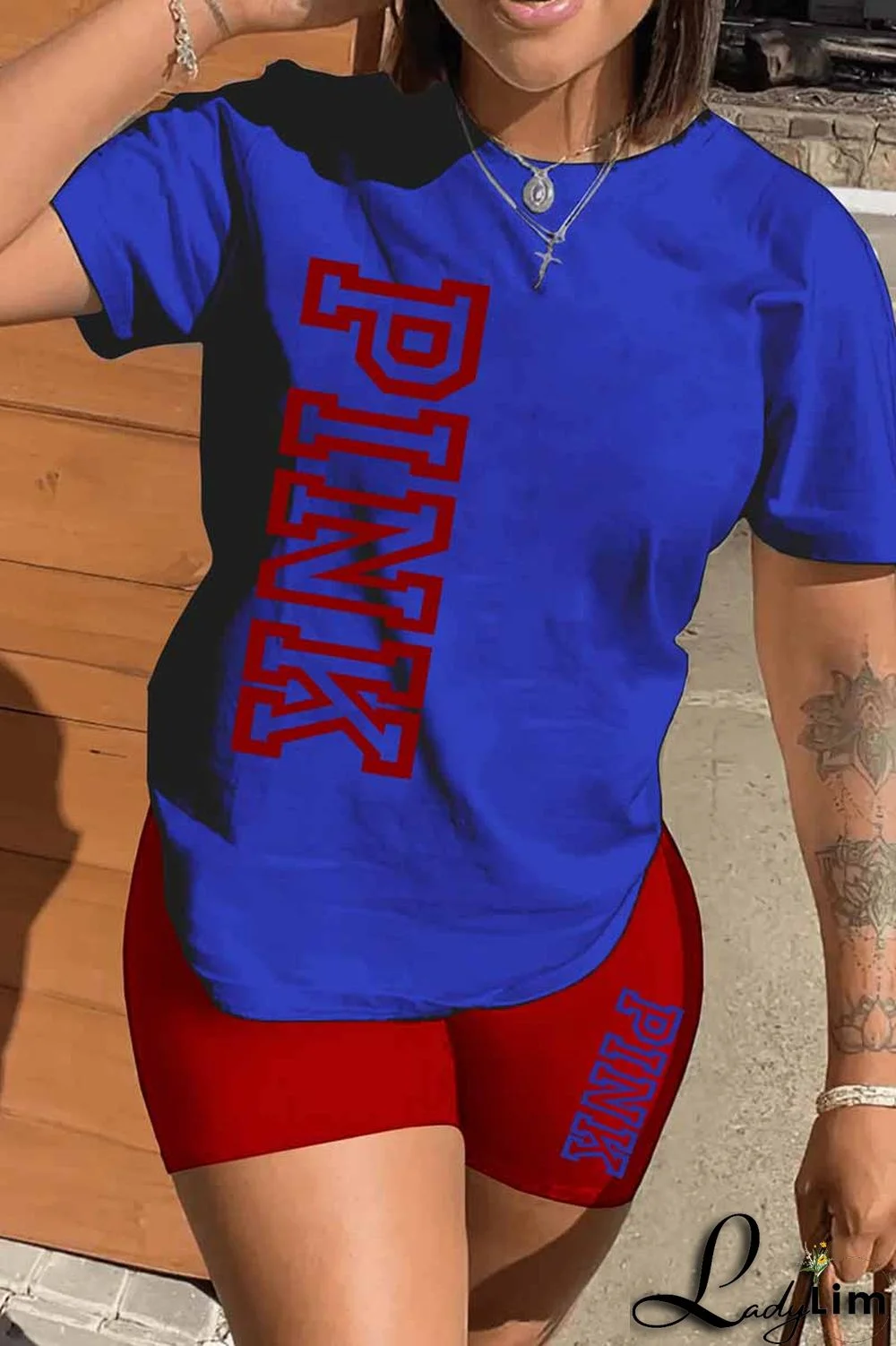 Black Casual Print Letter O Neck Short Sleeve Two Pieces