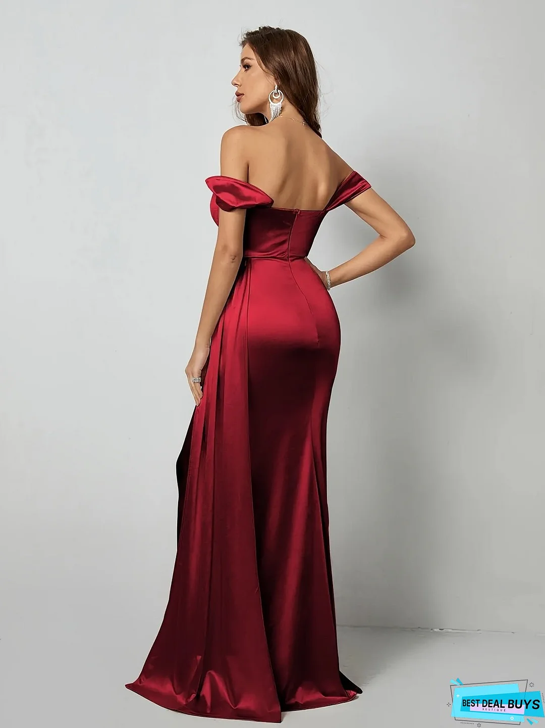 Split Thigh Off Shoulder Dress, Elegant Solid Party Wear Maxi Dress, Women's Clothing