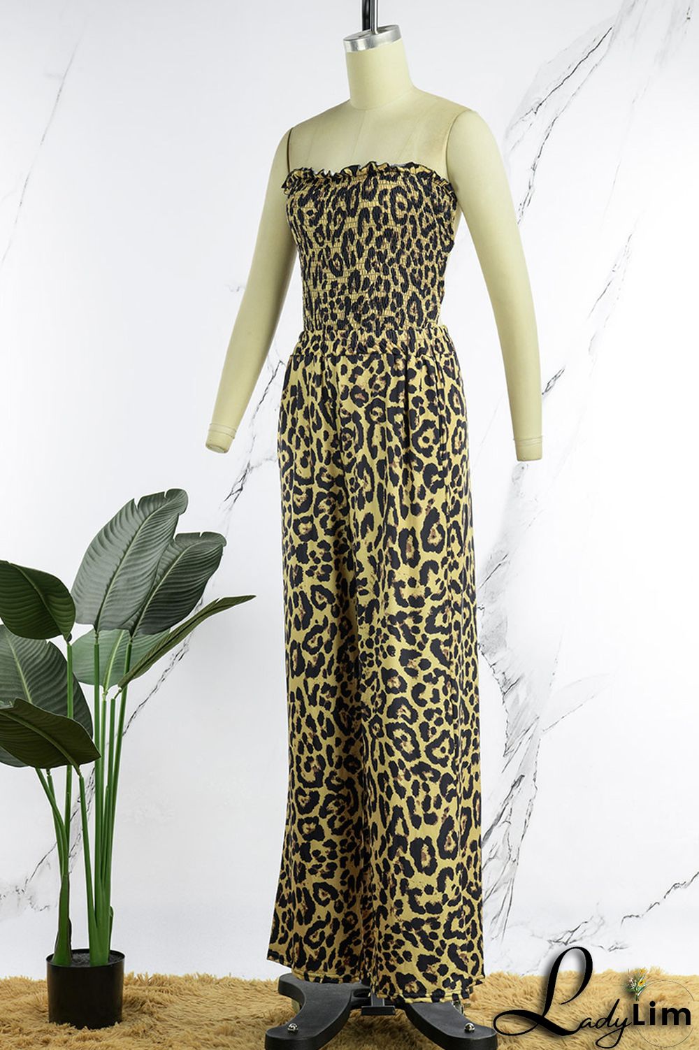 Leopard Print Sexy Print Leopard Patchwork Backless Strapless Straight Jumpsuits
