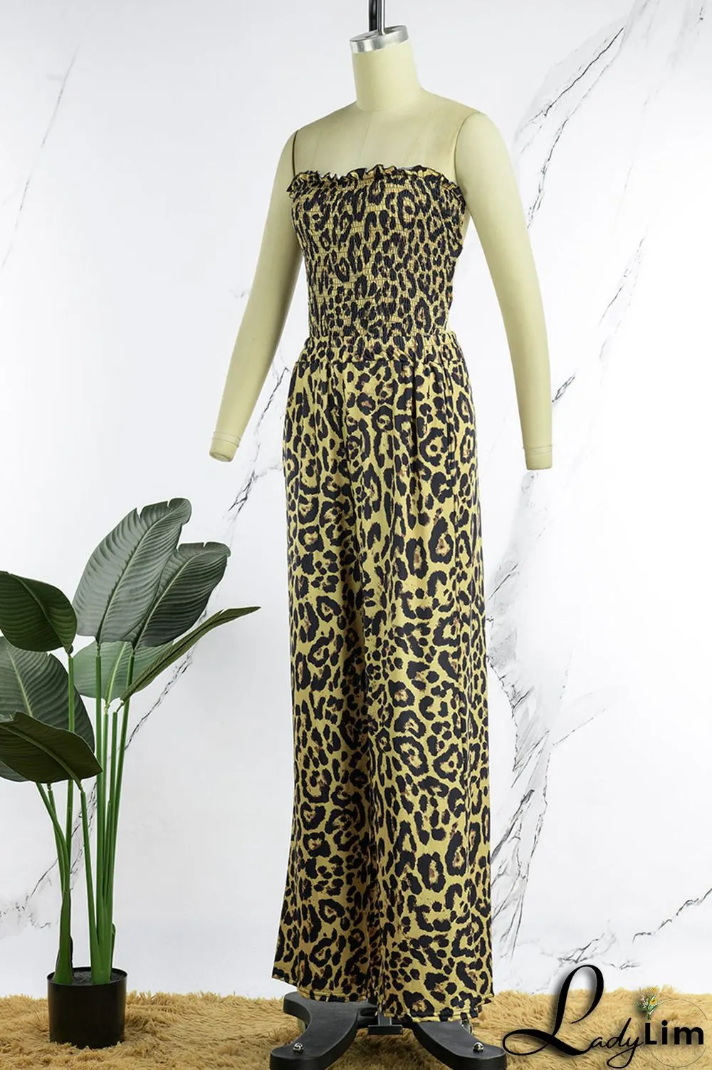 Leopard Print Sexy Print Leopard Patchwork Backless Strapless Straight Jumpsuits