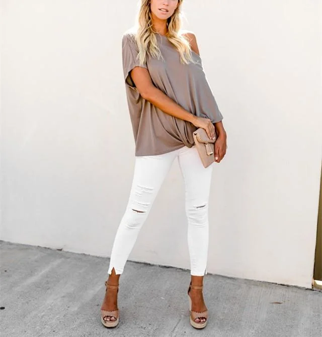 Sexy Pure Color Slanted Shoulder Baggy Blouse T-Shirt