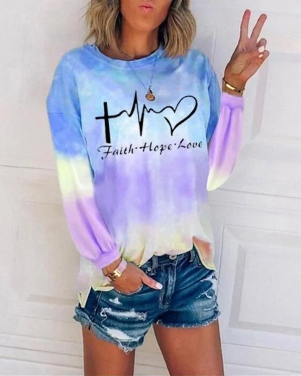 Tie Dye Letter Round Neck Long Sleeve T-shirt