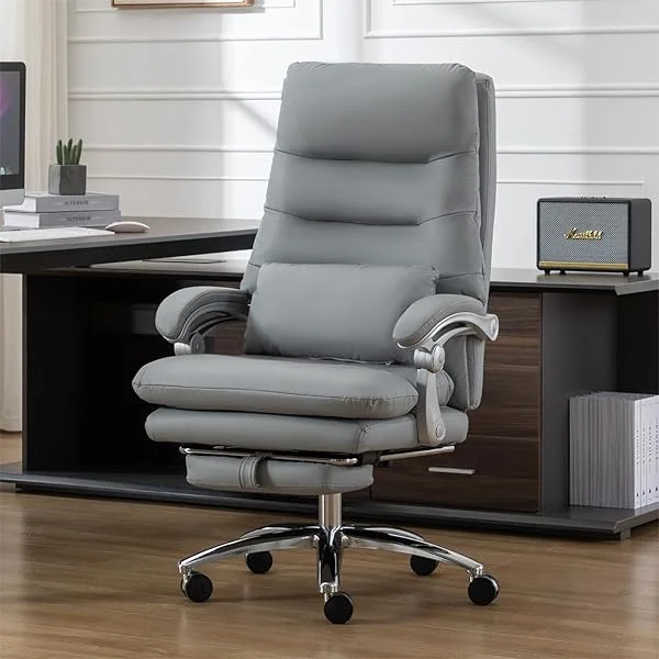 Office Executive Chair with Footrest, Reclining High Back Desk Chair with Padded Armrests, Swivel Ergonomic Comfy Desk Chair with Lumbar Pillow, Modern Computer Chair for Home, Office, Grey