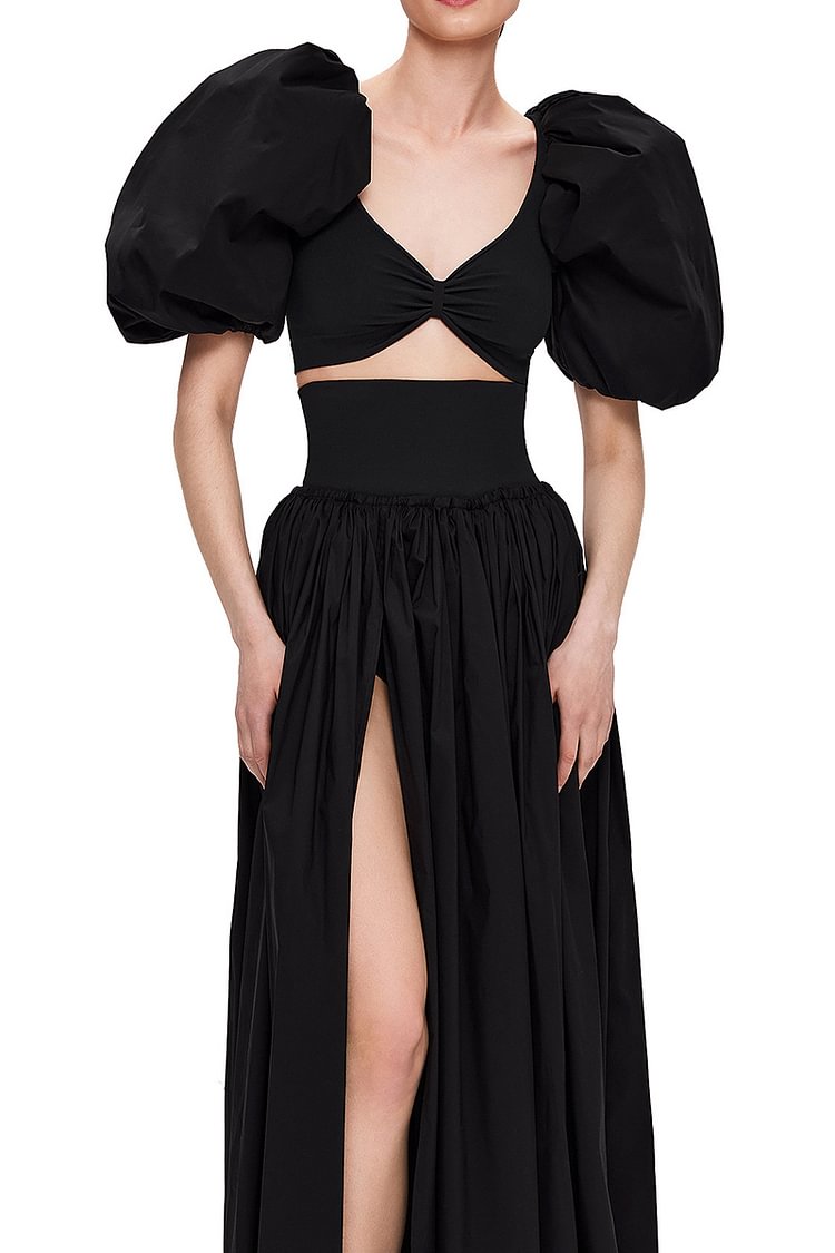 Puffy Sleeve Irregular Top High Waist Slit Maxi Skirt Two Piece Set