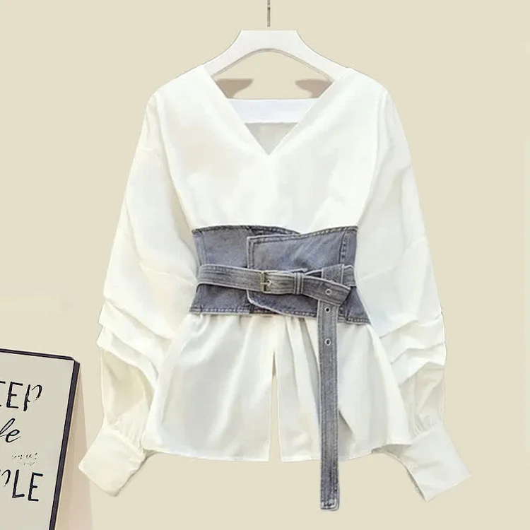 V-neck Belted Shirt High Waist Denim Pants Set - Modakawa Modakawa