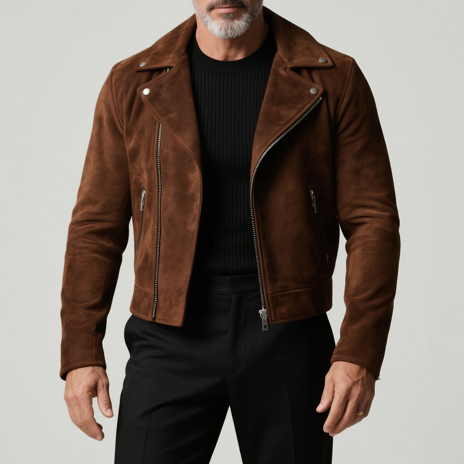 Men's Suede Lapel Long Sleeve Asymmetric Zip Biker Jacket