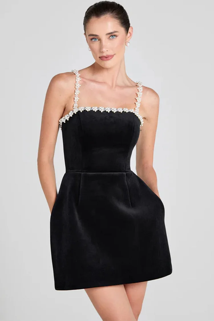 Pearl Beaded Cami Mini Dress-Black