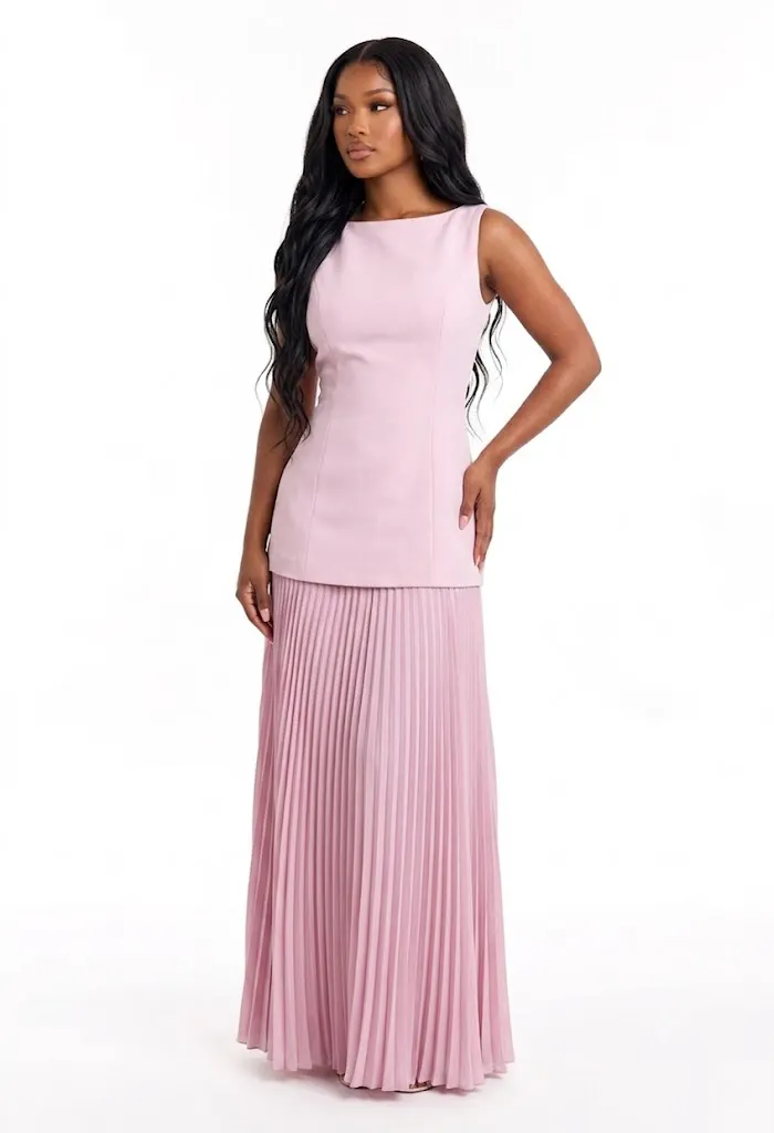 solid slash neck maxi dresses Boat Neck Solid Color Sleeveless Pleated Cinch Waist Formal Maxi Dresses -Blue