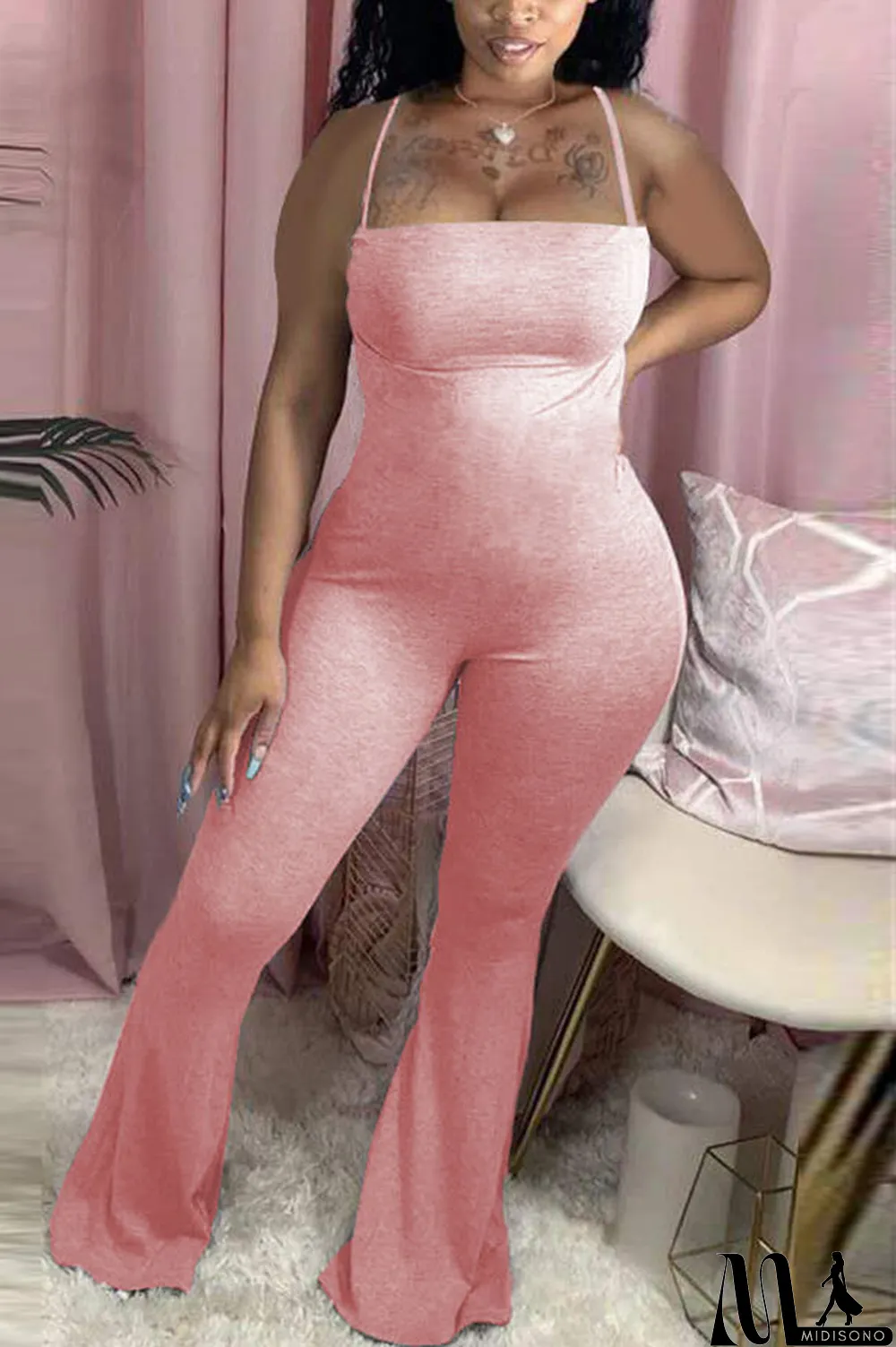 MidiSono - Dark Gray Fashion Sexy Solid Cotton Sleeveless Slip Jumpsuits