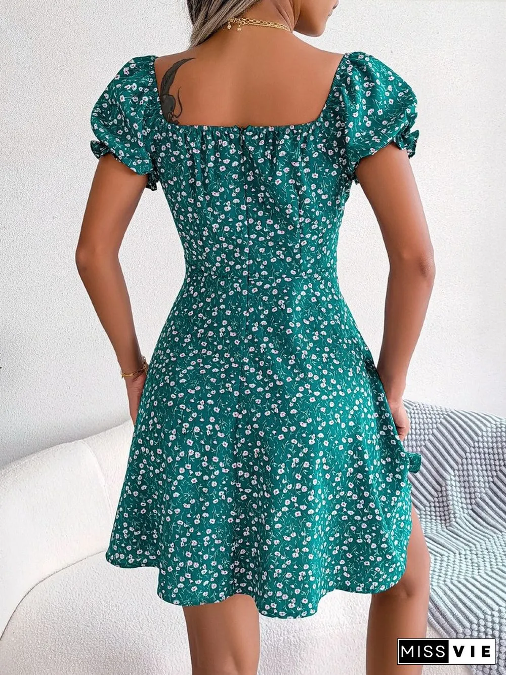 Elegant Floral Print Dresses For Women Summer Dress New Casual V-Neck Short Puff Sleeve High Waist Swing Mini Dress
