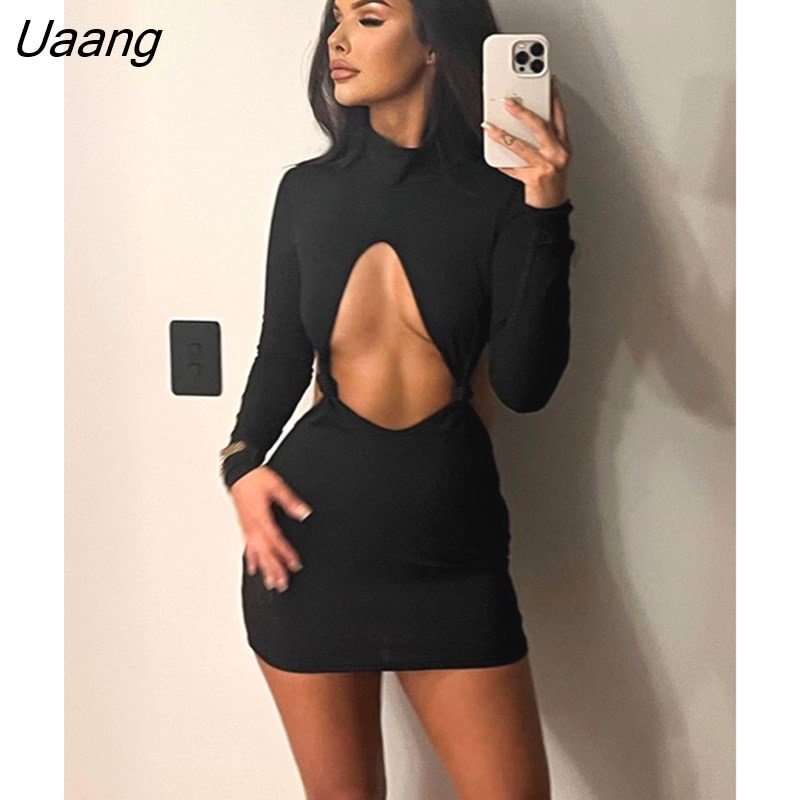 Uaang Autumn Hollow Out Turtleneck Mini Dress For Women Robe Fashion Full Sleeve Backless Bodycon Sexy Dress Vestido
