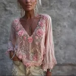 Boho Pink Roses Glitter Lace Flowy Linen Tunic - Image 2