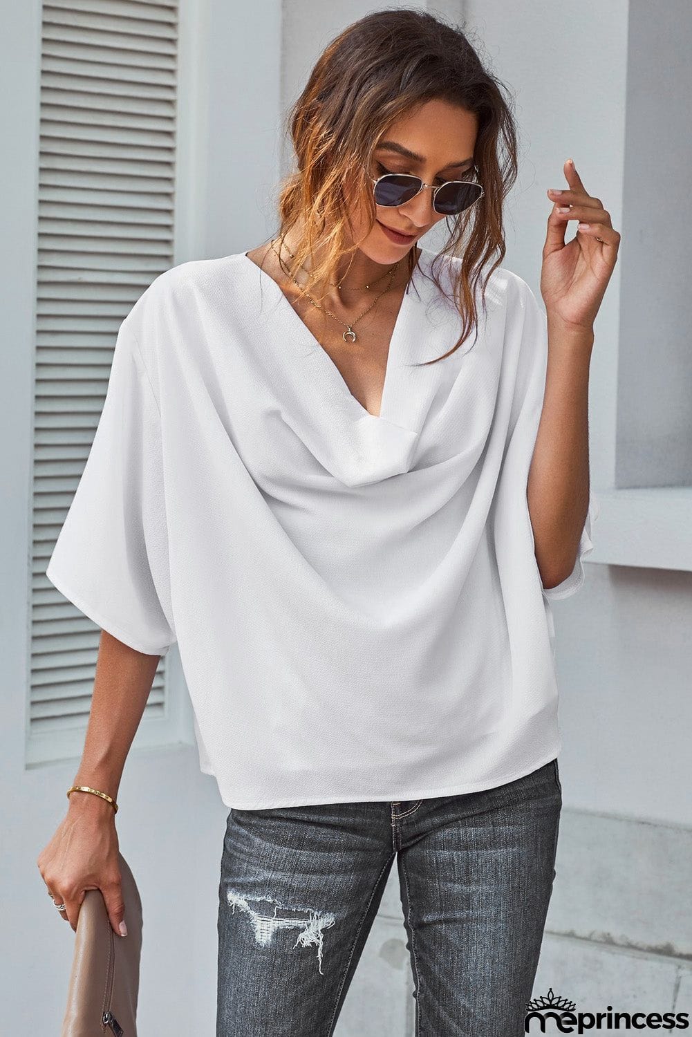 White Draped Short Sleeve Chic Blouse