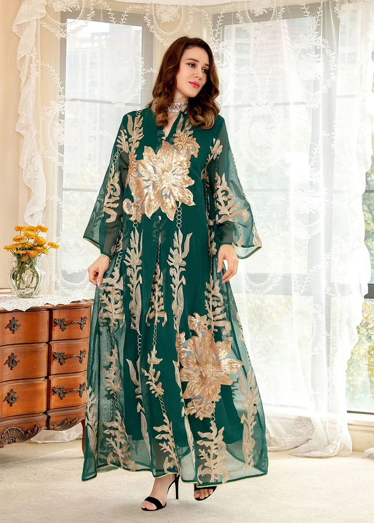 Green Embroideried Floral Sequins Tulle Long Dress Fall
