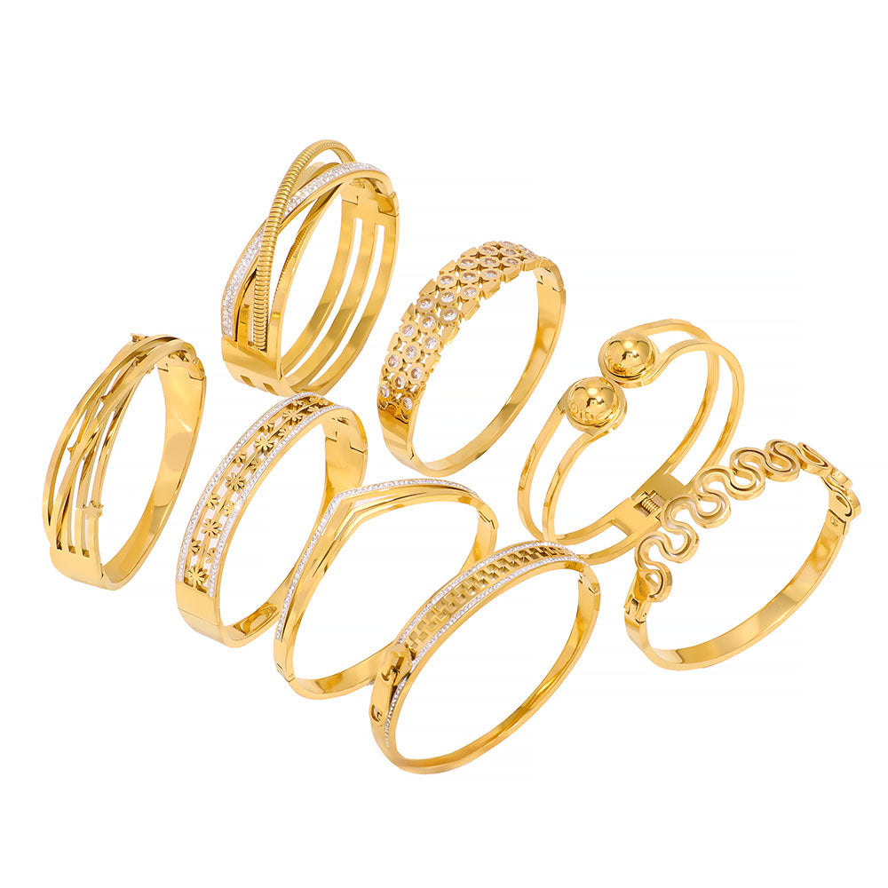 Retro Stainless Steel Bracelet Ins Style Geometric Line Hollow Diamond Bracelet 18K Gold Plated Bracelet